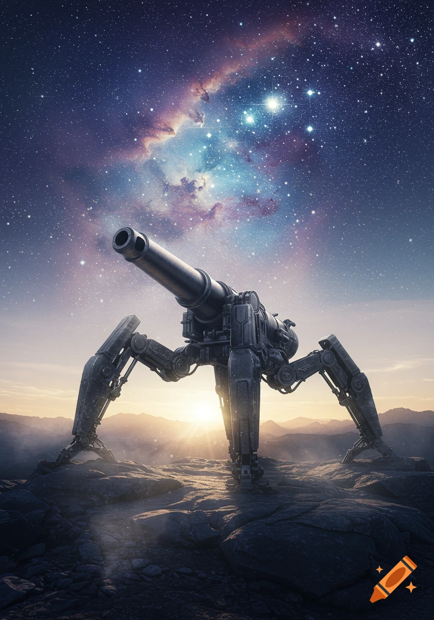 Photorealistic image of a large, spider-like mechanical cannon standing on rocky terrain under a vibrant, starry nebula sky at sunset.