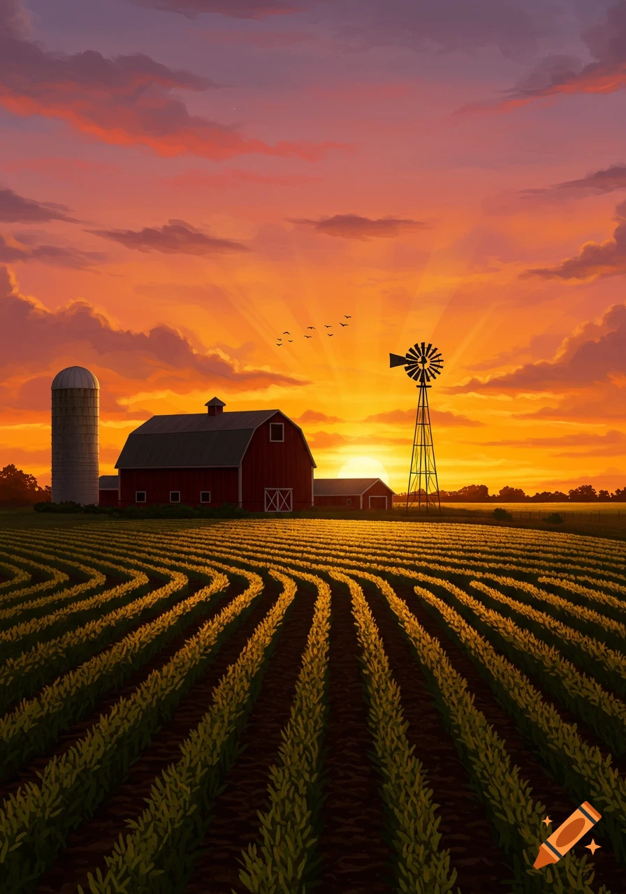 Illustrated farm landscape at sunset with a red barn, silo, windmill, and winding crop fields under an orange sky.