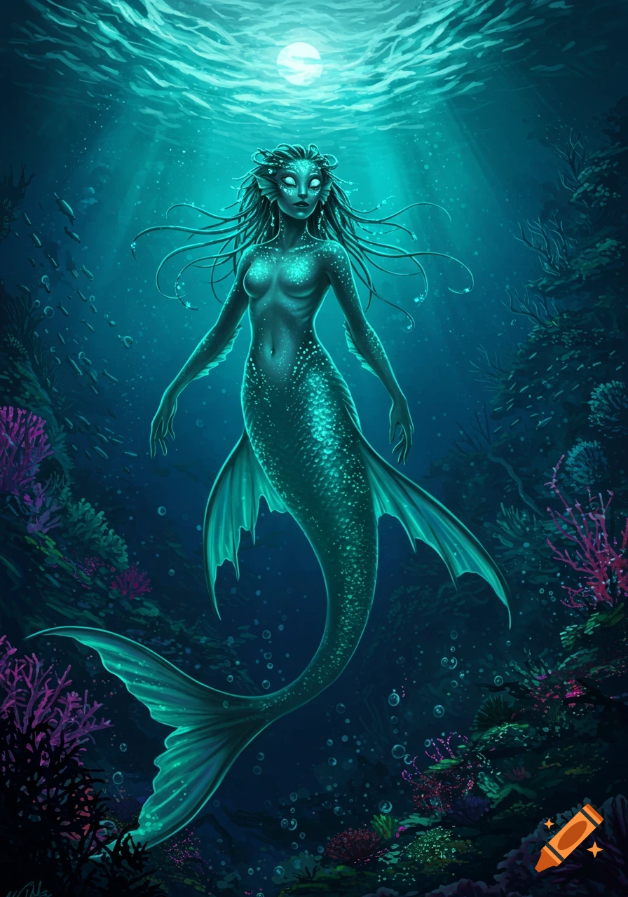 A stylized illustration of an alien-like mermaid with glowing eyes and sparkling skin, floating in deep blue-green water surrounded by coral.