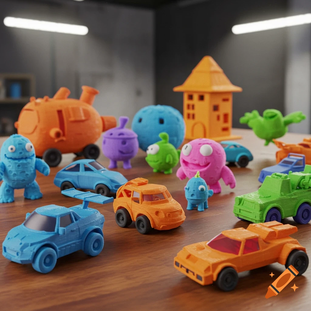 A collection of colorful 3D printed toys, including cars, monsters, and a house, scattered on a wooden table.