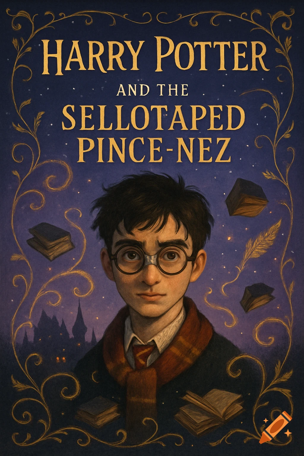 Illustrated book cover for 'Harry Potter and the Sellotaped Pince-Nez,' featuring Harry Potter, floating books, and a starry, magical castle background.
