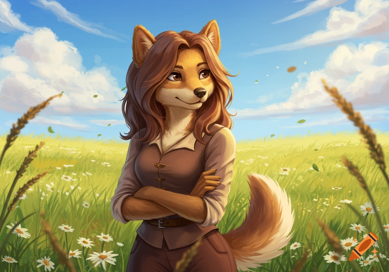 Anthropomorphic fox woman with brown hair and fur, wearing a brown shirt, standing in a sunny field of green grass and daisies.