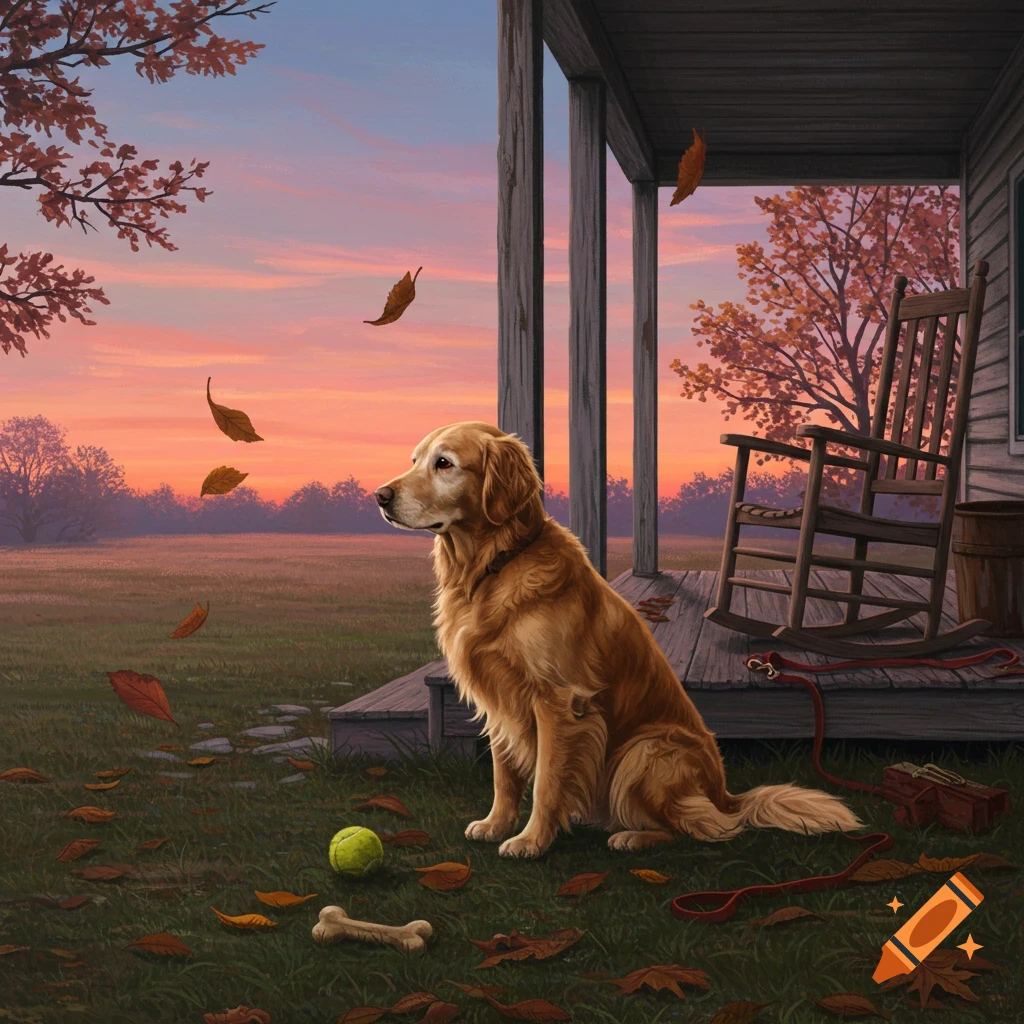 A Golden Retriever dog sits on grass next to a wooden porch at sunset during autumn, with falling leaves and a rocking chair.