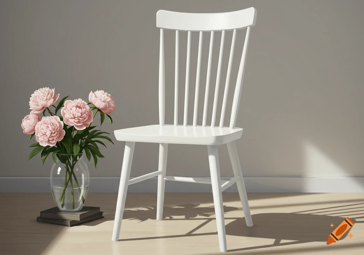 A white wooden Windsor chair stands beside a vase of pink peonies on a stack of books on a wooden floor, with a light gray wall background.