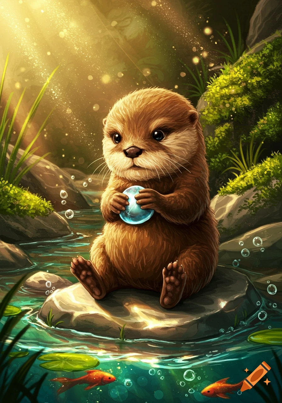 A cute, detailed illustration of a baby otter sitting on a river rock, holding a glowing blue orb, bathed in golden sunlight with goldfish.