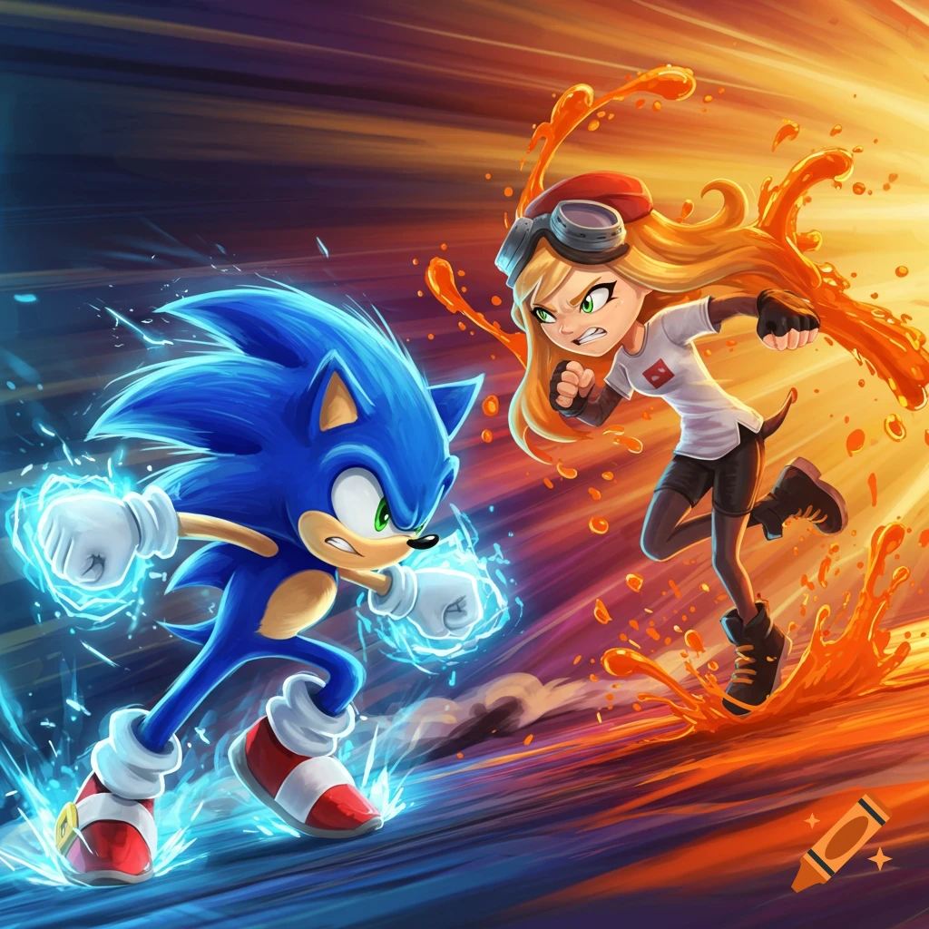 Sonic the Hedgehog with blue energy and Meggy Spletzer with orange splashes face off in a dynamic, action-packed cartoon.