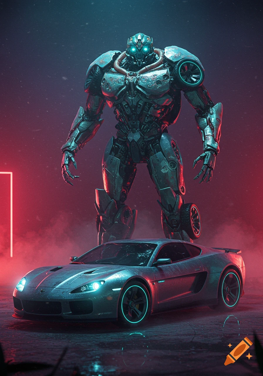 A large, weathered robot with glowing blue eyes stands behind a sleek, futuristic car with glowing blue headlights and wheel accents, in a smoky, neon-lit red and blue environment.