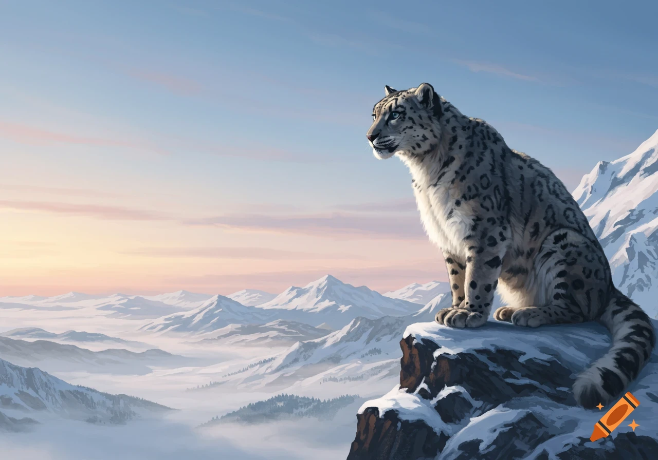 A majestic snow leopard sits atop a snowy mountain cliff, surveying a vast winter landscape under a colorful sky.