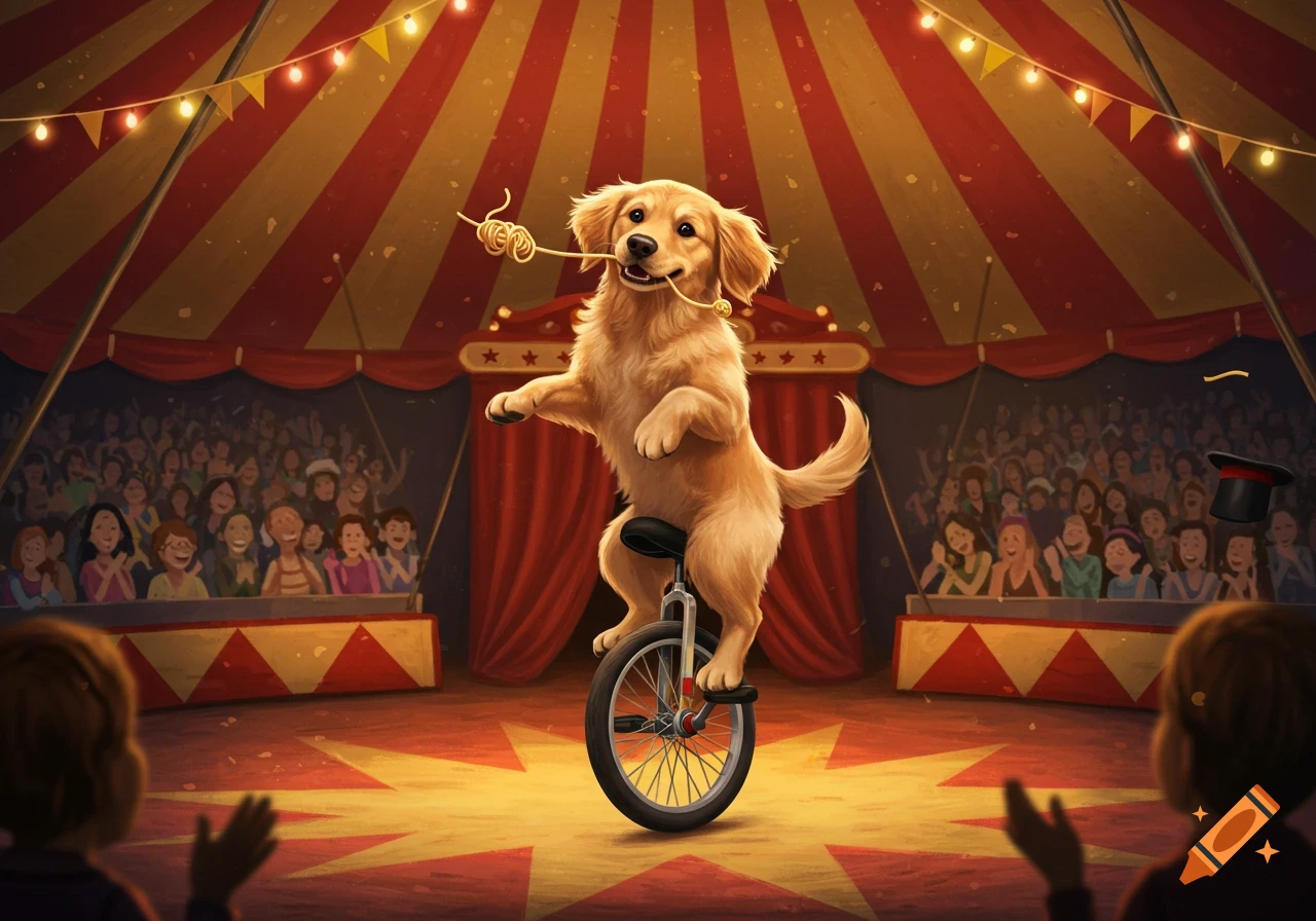 An adorable golden retriever puppy rides a unicycle in a vibrant circus tent, holding spaghetti in its mouth, as an audience watches.