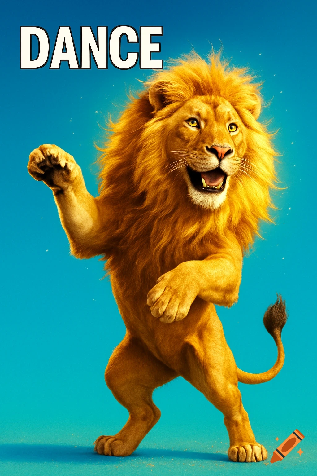 A photorealistic golden lion stands on its hind legs in a dance pose against a blue background, grinning joyfully. The word 'DANCE' is in the top left.