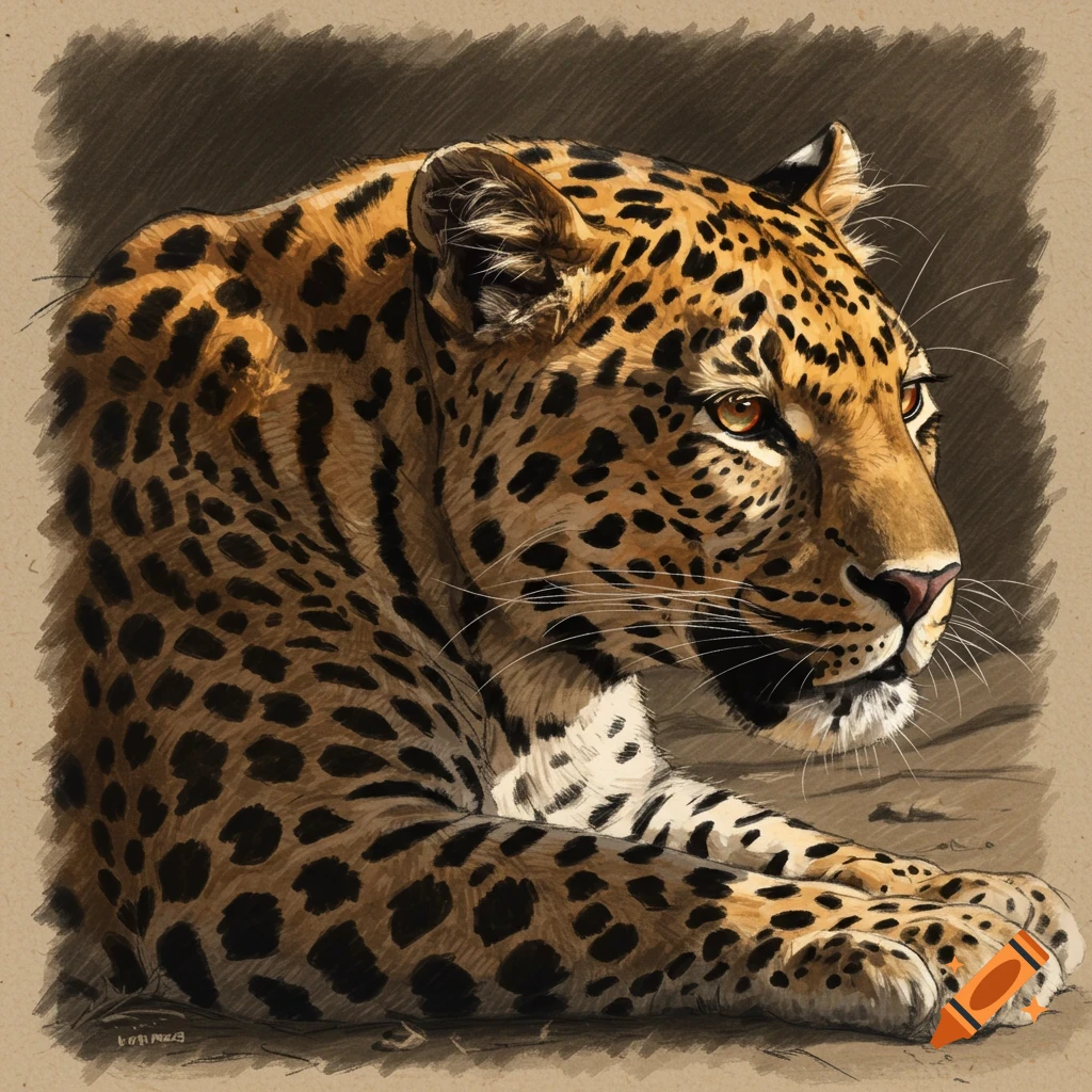 Hyperrealistic sketch of a leopard lying down, looking right.