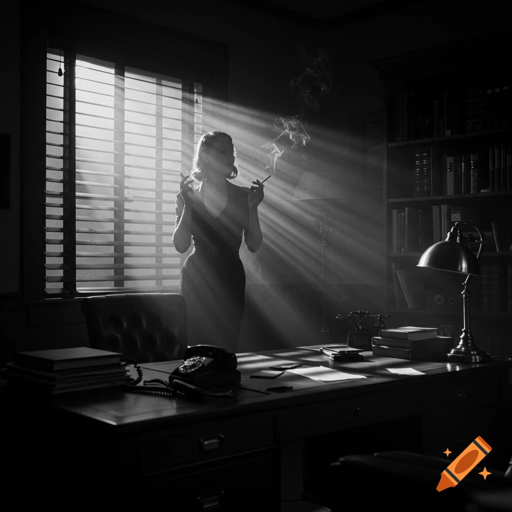 A black and white film noir scene with a woman in silhouette smoking two cigarettes in a smoky private detective's office, lit by window blinds.