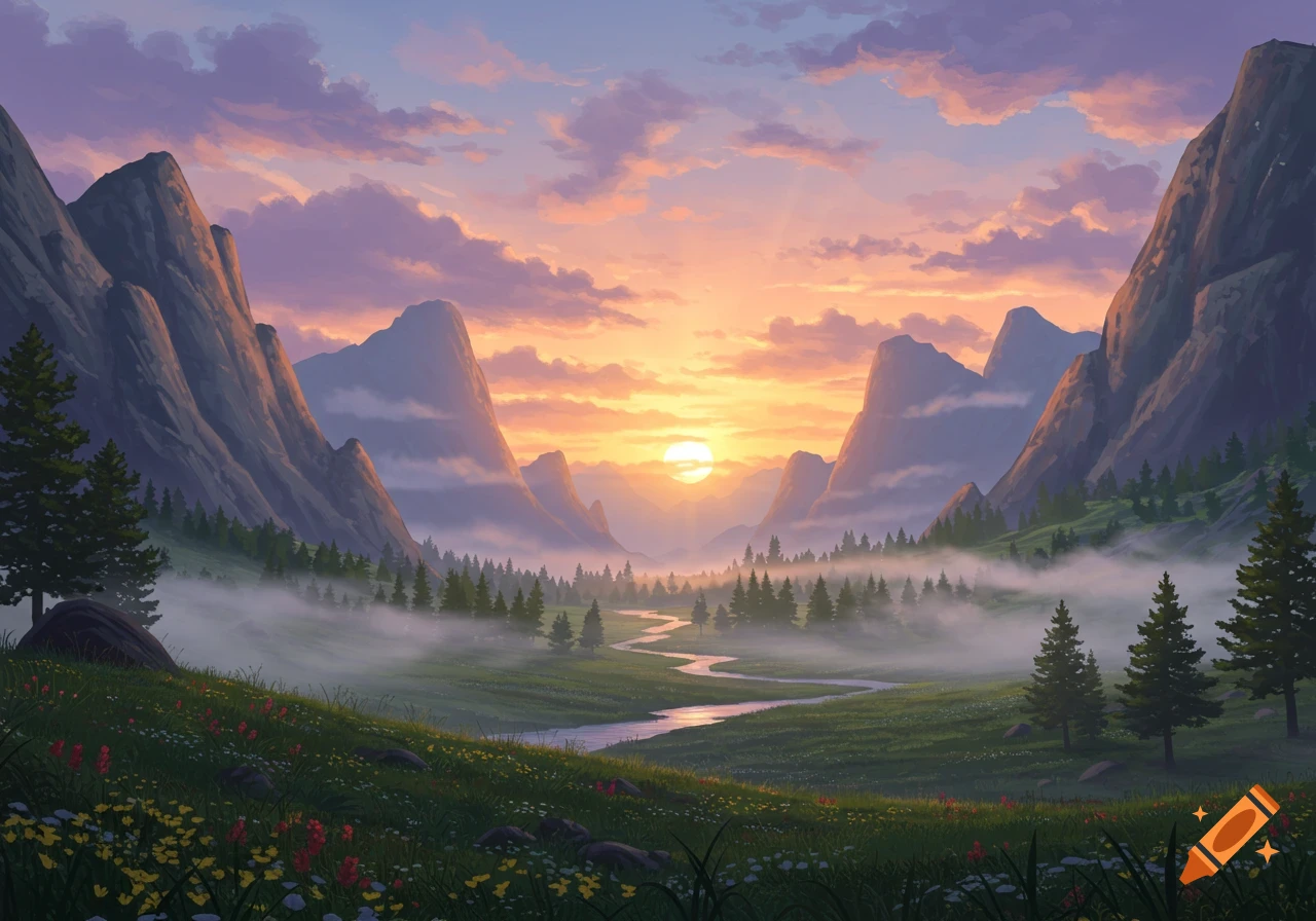 A vibrant, painterly mountain valley at sunset, with a winding river, dense misty forests, and colorful wildflowers in the foreground.