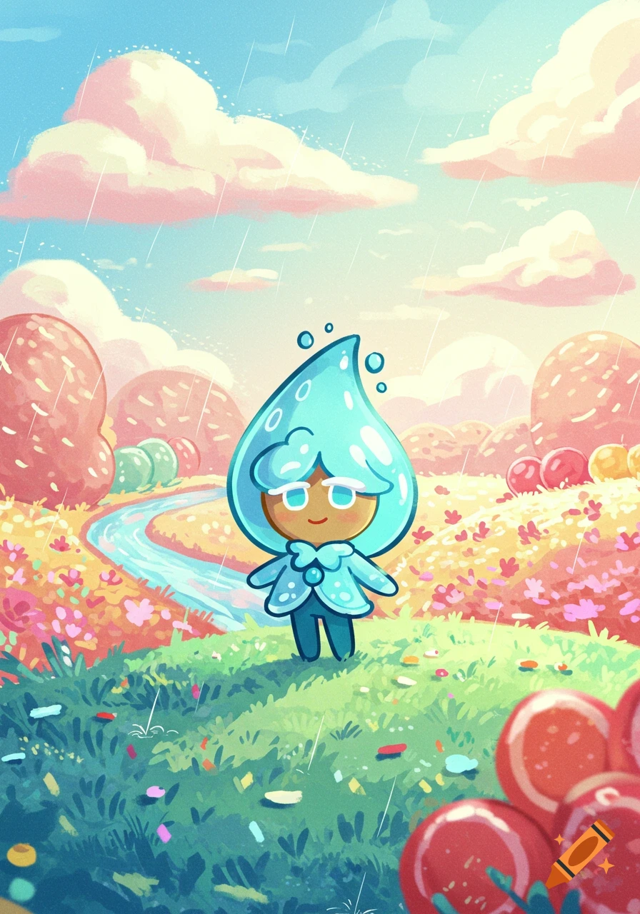 A cute, smiling raindrop cookie character stands in a vibrant, whimsical field with a winding river under light rain in a cartoon style.
