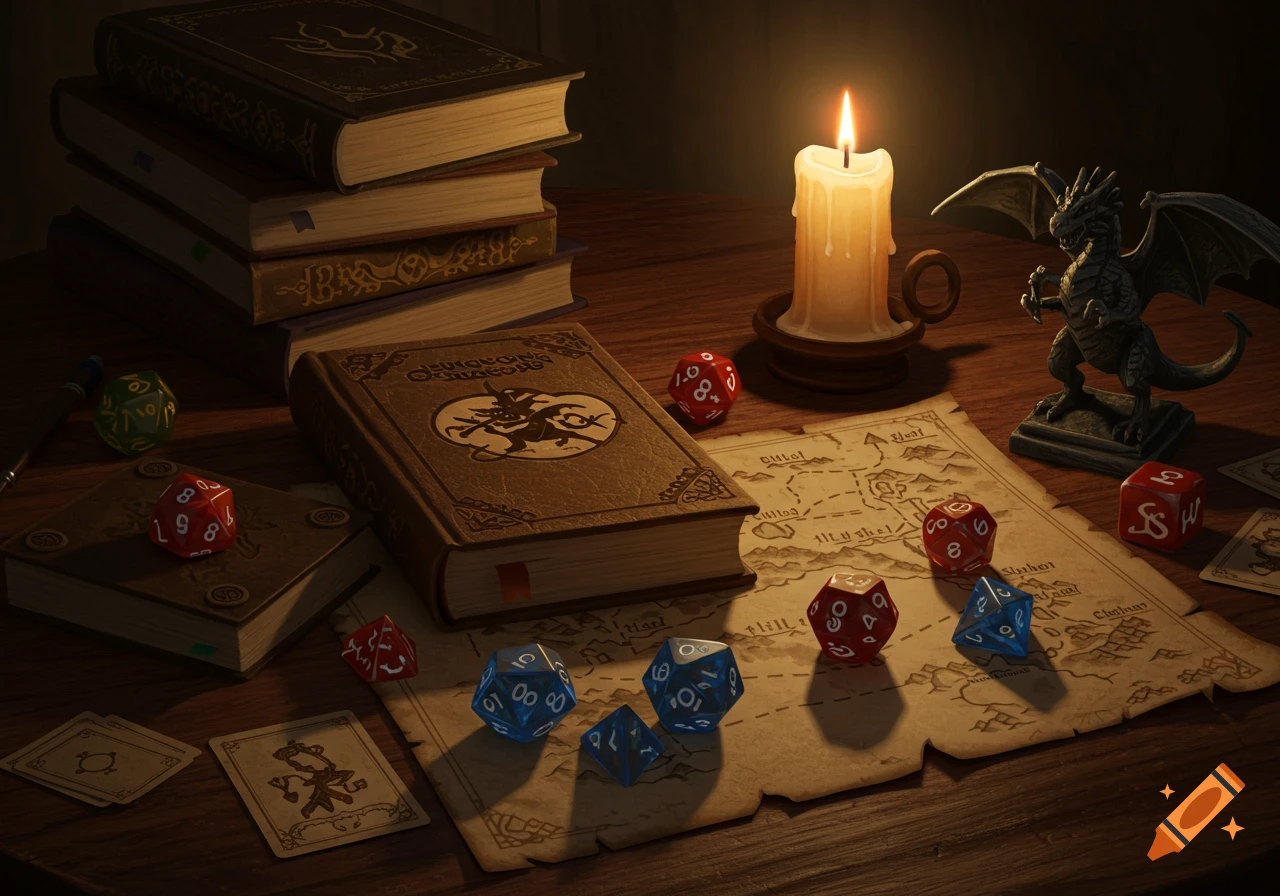 A Dungeons & Dragons tabletop setup with a rulebook, a stack of books, various dice, a map, playing cards, a dragon figurine, and a lit candle on a wooden table.