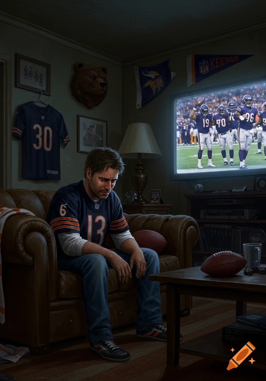 A sad Chicago Bears fan crying on a couch while watching the Minnesota Vikings celebrate a touchdown on TV.