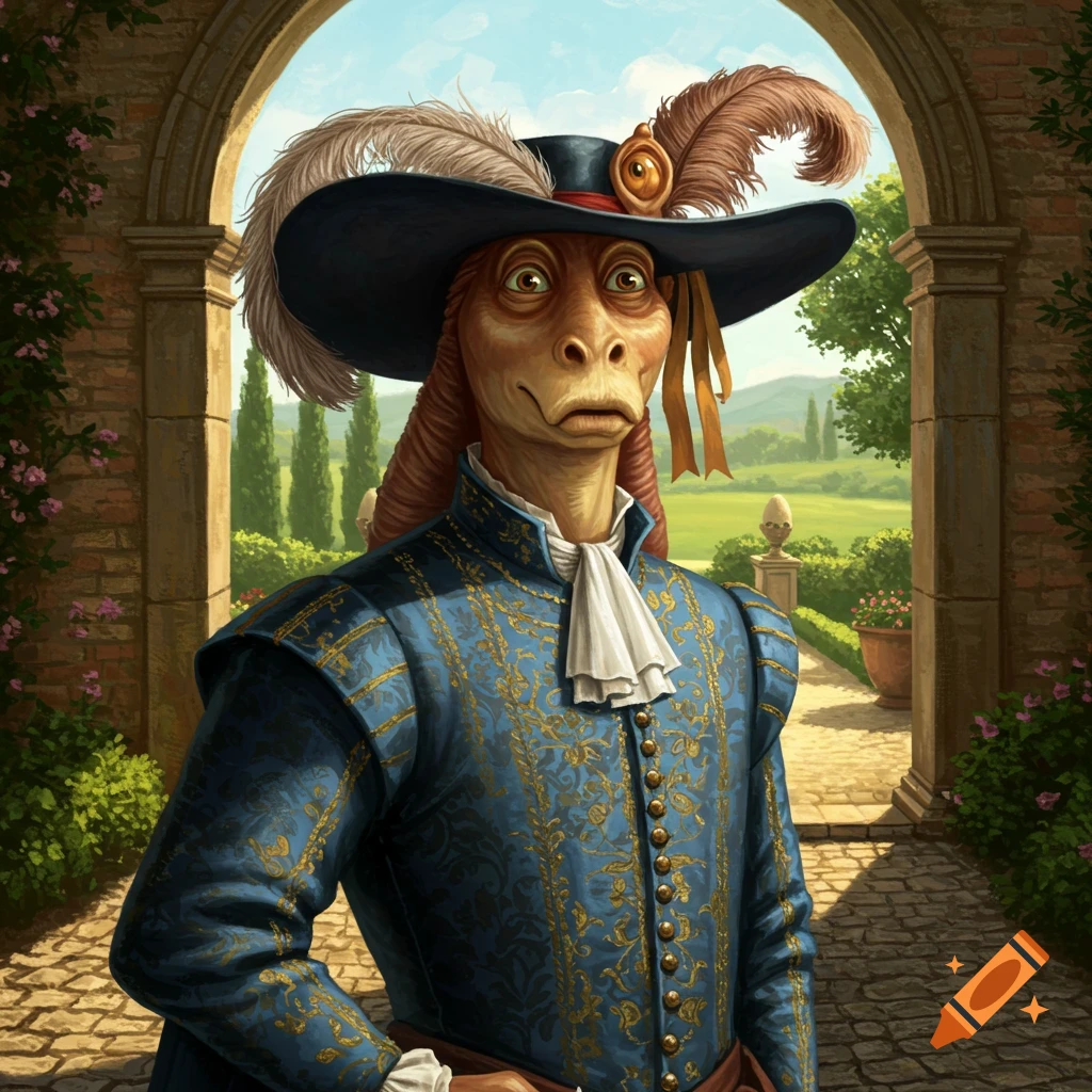 Jar Jar Binks as a renaissance gentleman in a blue patterned coat and feathered hat, standing under a garden archway, digital painting.
