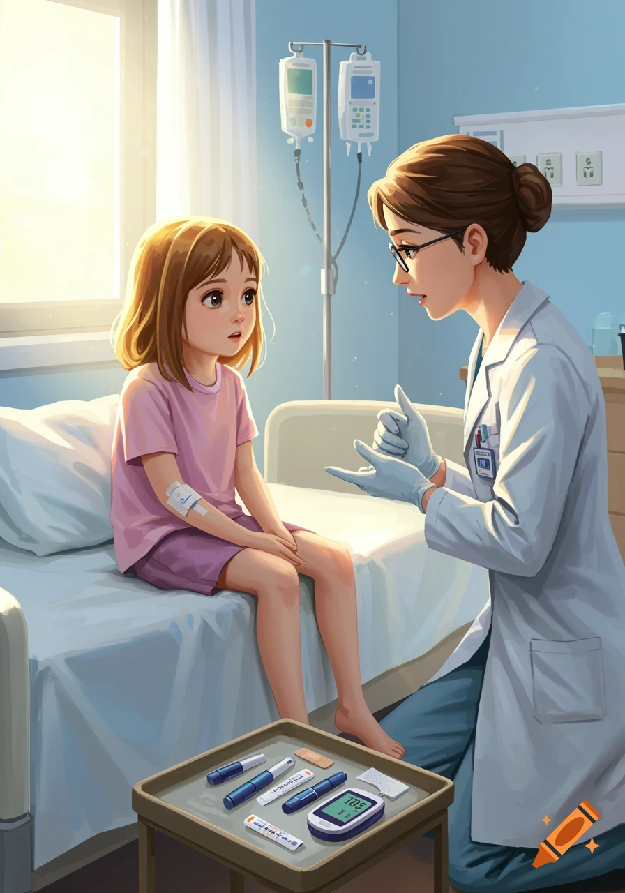 A young girl with a bandage on her arm sits on a hospital bed, looking at a female doctor in glasses and a lab coat. A tray with diabetes supplies, including a glucose meter showing '705', is in the foreground. IV bags hang in the background.