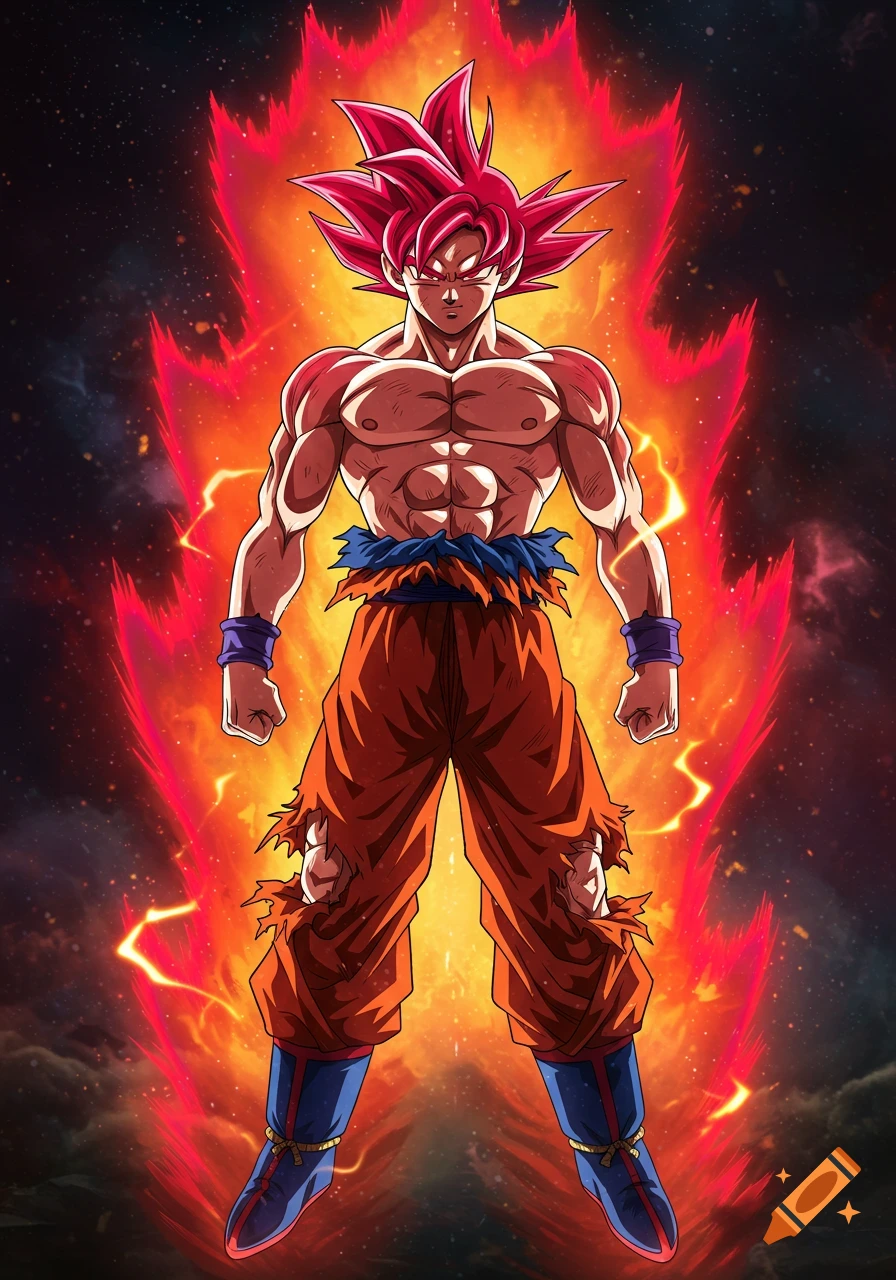 Goku in Super Saiyan God form, with spiky red hair and a powerful red and orange aura, shirtless with torn orange pants, against a dark starry background.