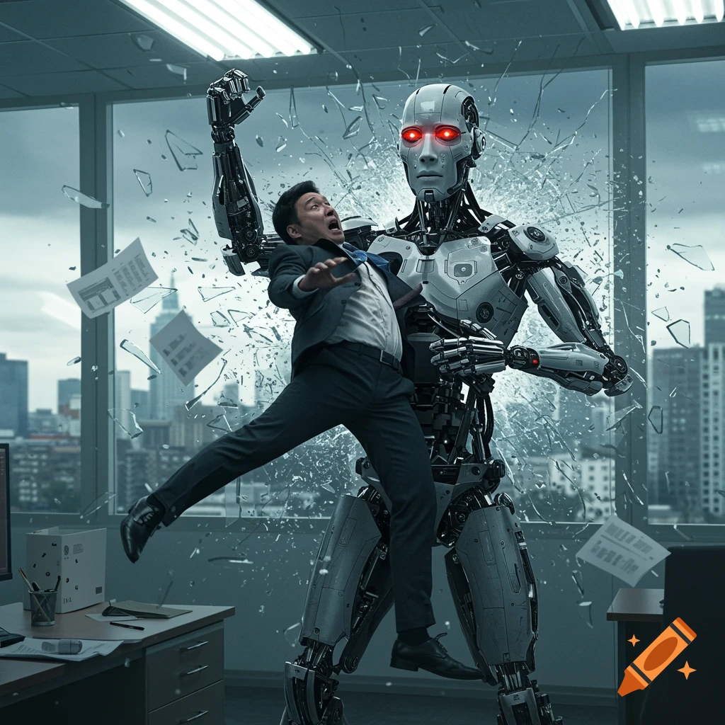 A terrifying AI cyborg throws a screaming office worker through a shattering window in a photorealistic office scene with a city backdrop.
