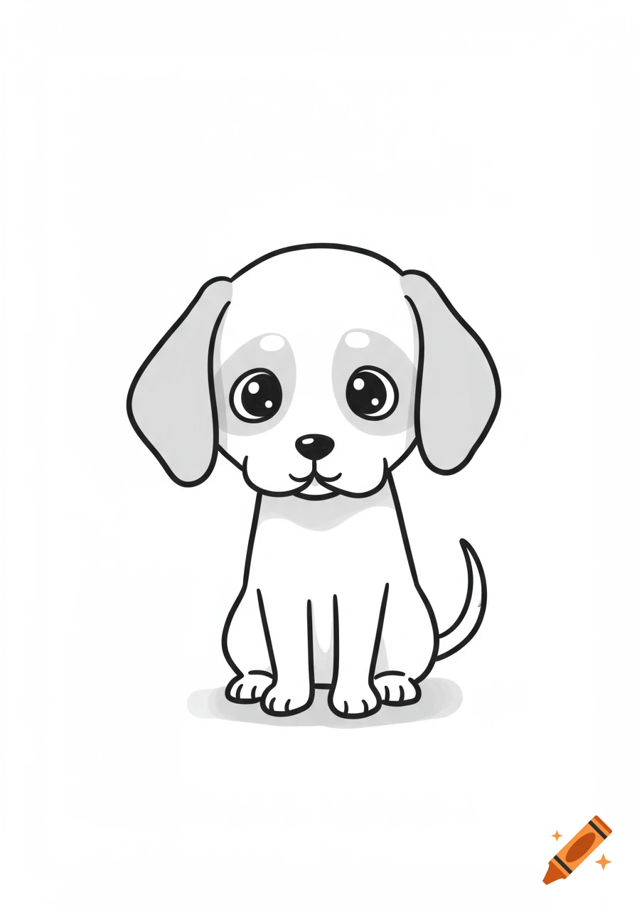 A cute, simple black and white cartoon doodle of a sitting dog with floppy ears.
