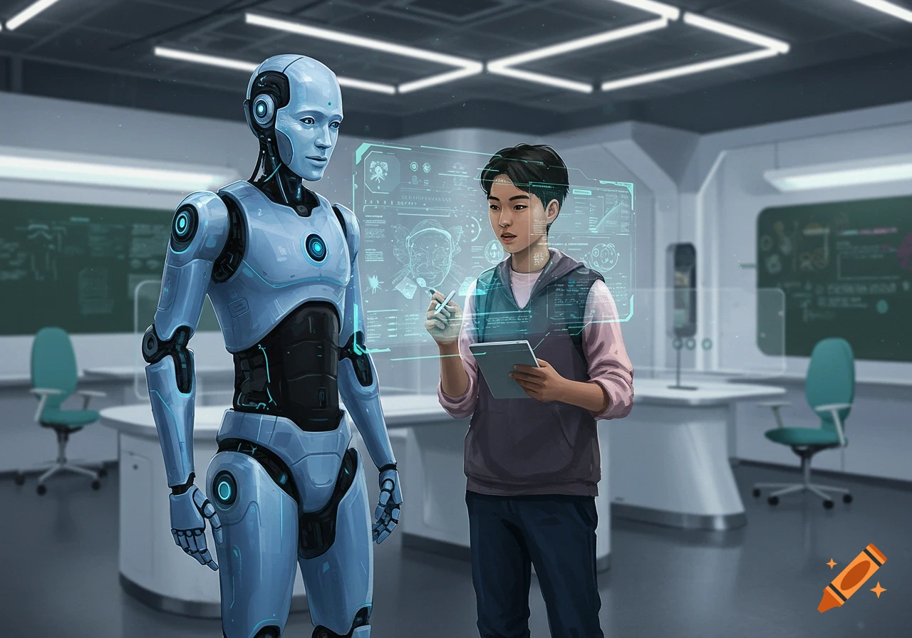 A student with a tablet and stylus interacts with a humanoid robot, viewing a holographic interface in a futuristic lab.