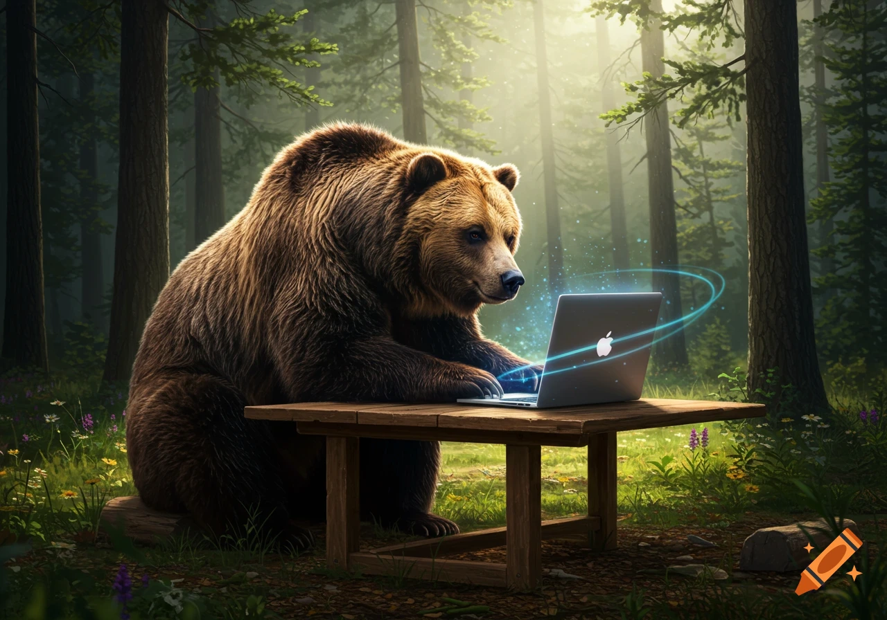 A photorealistic grizzly bear sits at a wooden table in a sunlit forest, typing on a laptop with a glowing Apple logo.