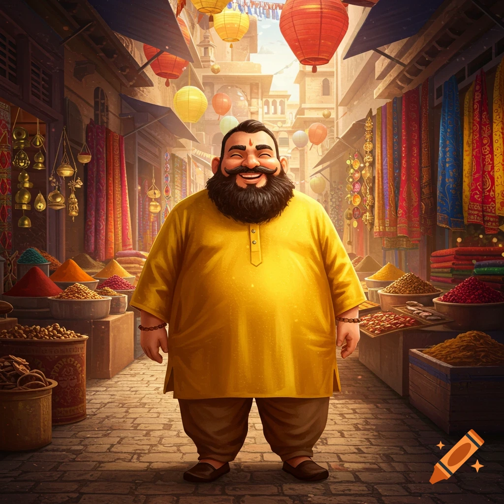 A smiling, bearded cartoon man in a yellow kurta stands in a colorful Indian market with spices and lanterns.