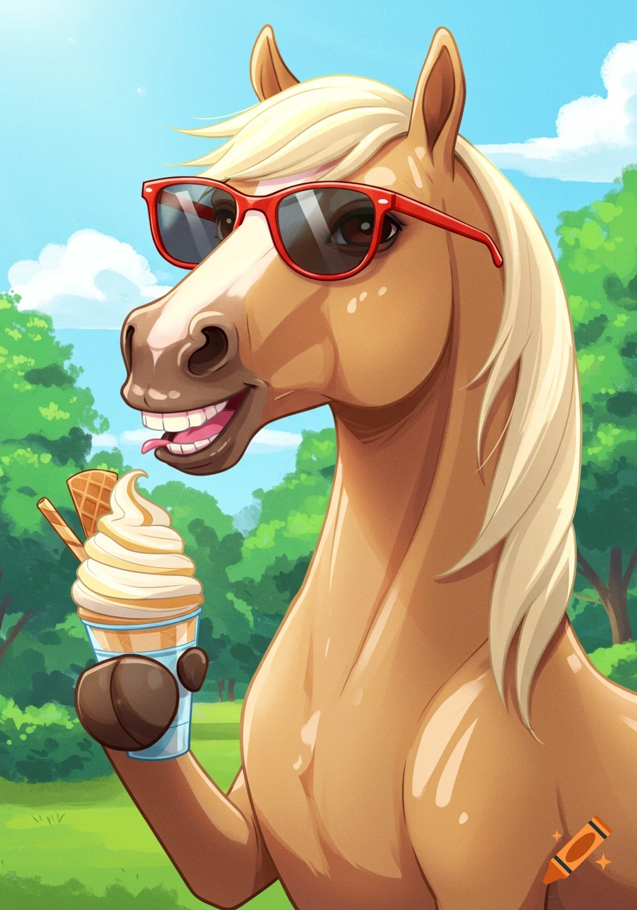 A cheerful cartoon horse with blonde mane and red sunglasses happily eating soft-serve ice cream in a sunny park.