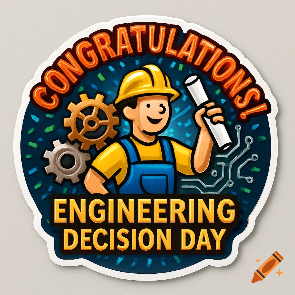 Cartoon sticker of an engineer in a hard hat holding a scroll, with gears and circuit board details, text 'Congratulations! Engineering Decision Day'.