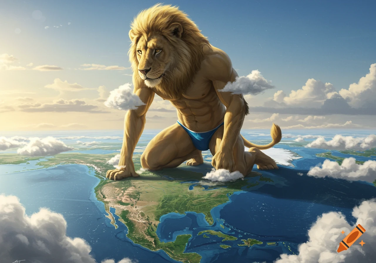 Gigantic photorealistic anthropomorphic lion in a speedo kneeling over North America, towering into the sky among clouds.