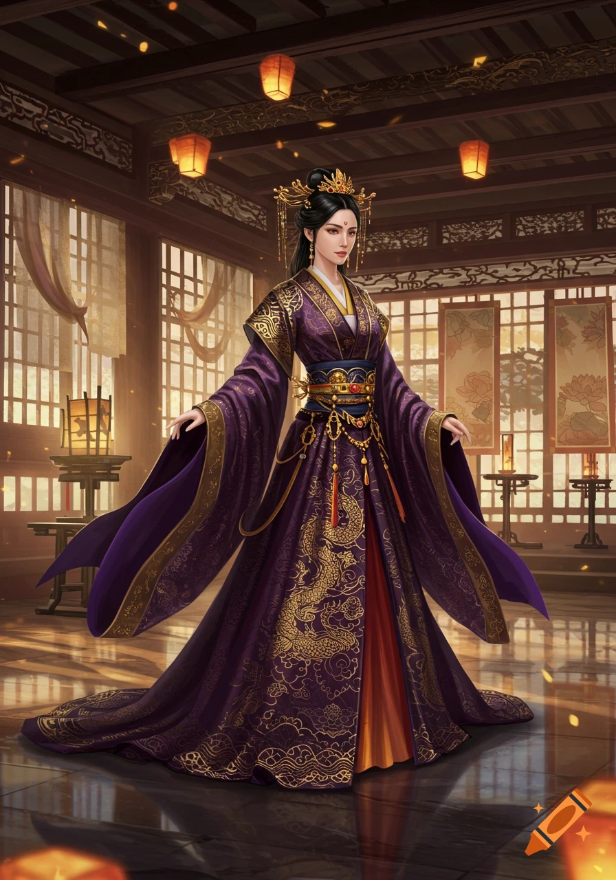 A queen in an elaborate dark purple gown with gold dragon embroidery stands in a traditional Asian palace.