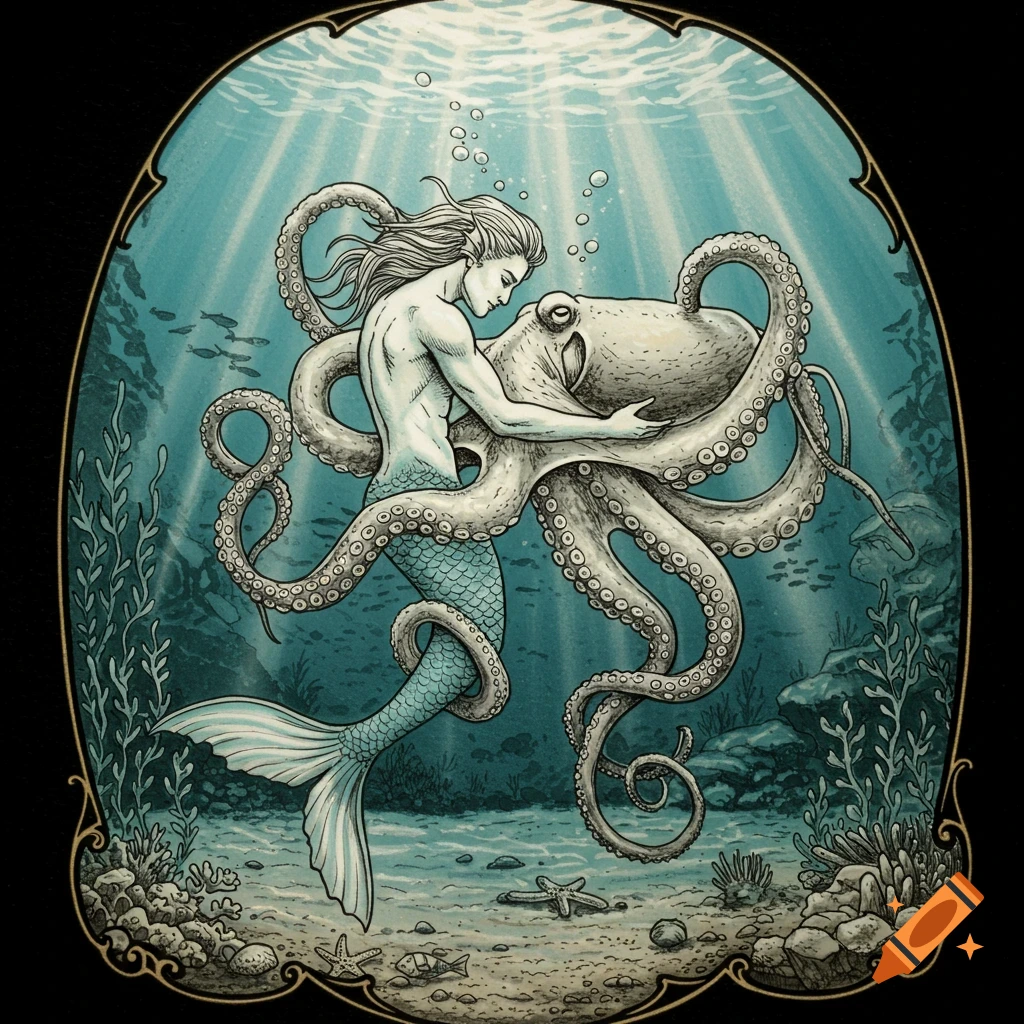 Scrimshaw illustration of a merman in a loving embrace with an octopus underwater, with light rays filtering through the water.