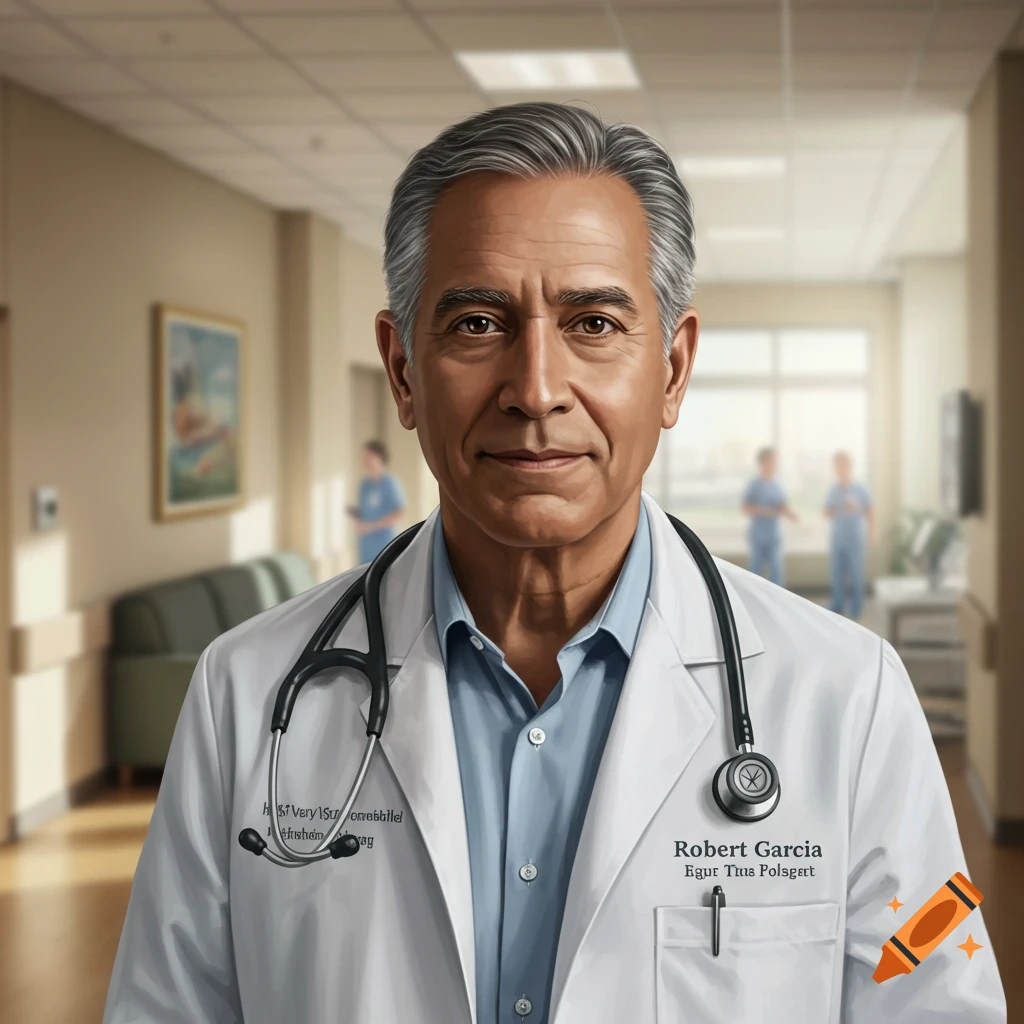 Realistic portrait of a middle-aged male doctor with grey hair, wearing a white lab coat and stethoscope, standing in a hospital hallway.