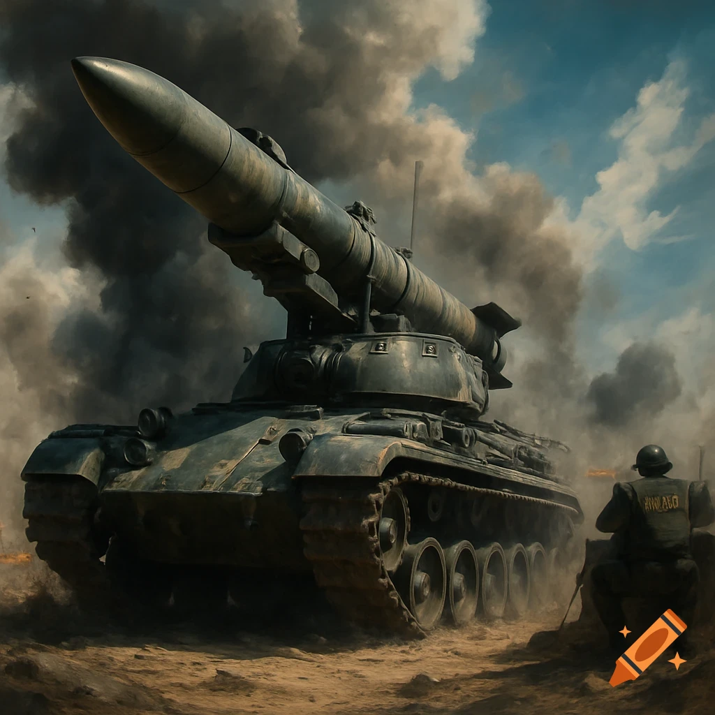 A photorealistic war missile tank in a smoky battle zone, with a soldier in the distance.
