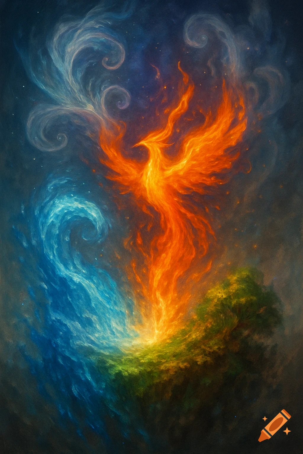 A vibrant, fiery phoenix with outstretched wings rises from a swirl of blue water and green earth against a dark, starry sky in a painterly style.
