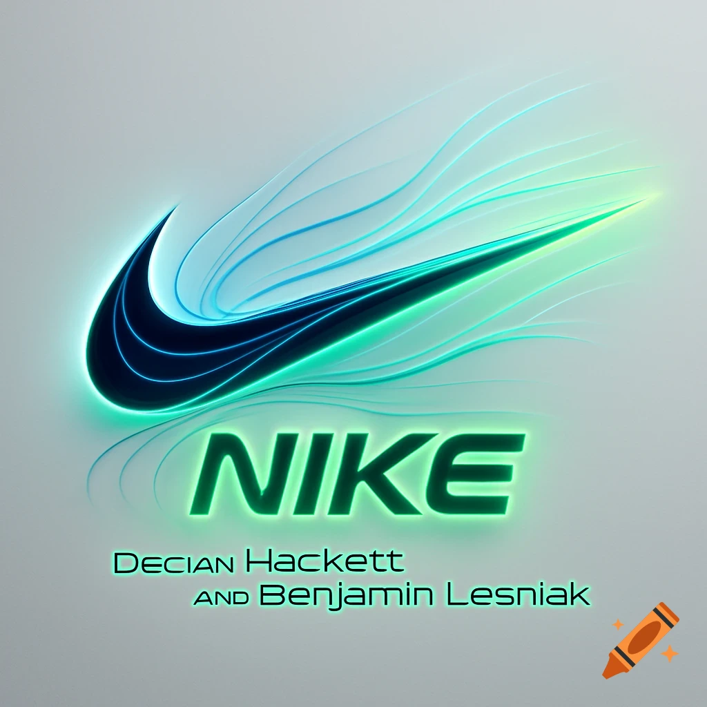 A glowing, neon-blue and green Nike swoosh logo with flowing lines, above the glowing green word "NIKE" and names "Declan Hackett and Benjamin Lesniak" on a light gray background.