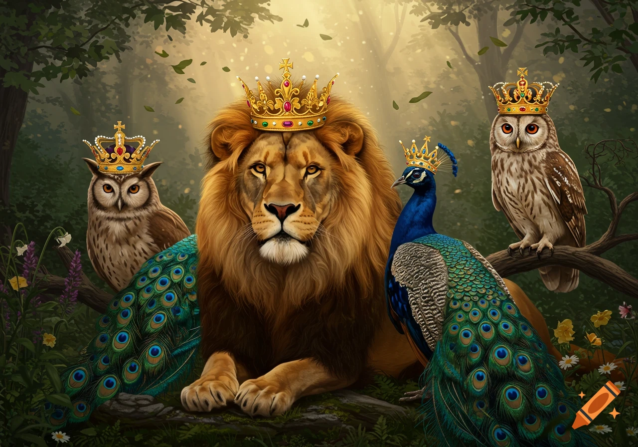 A majestic lion, two owls, and a peacock, all wearing golden crowns, rest in a lush, sunlit enchanted forest.