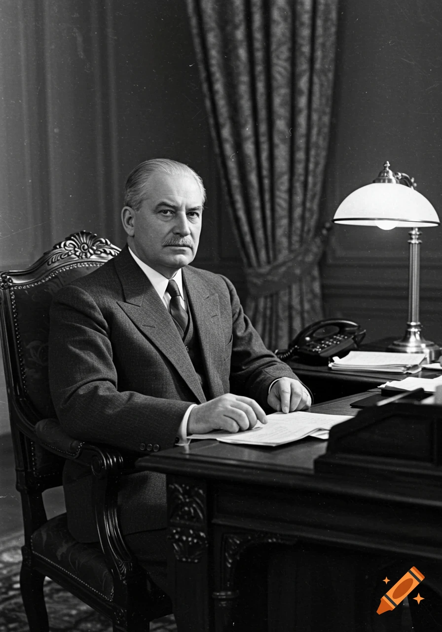 A serious-looking man in a suit sits at a desk in an office, in a black and white, 1930s-style photograph.