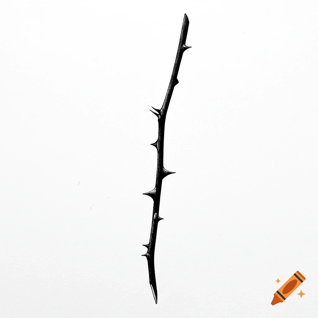 A minimalist pen and ink drawing of a single thorny stem on a white background.