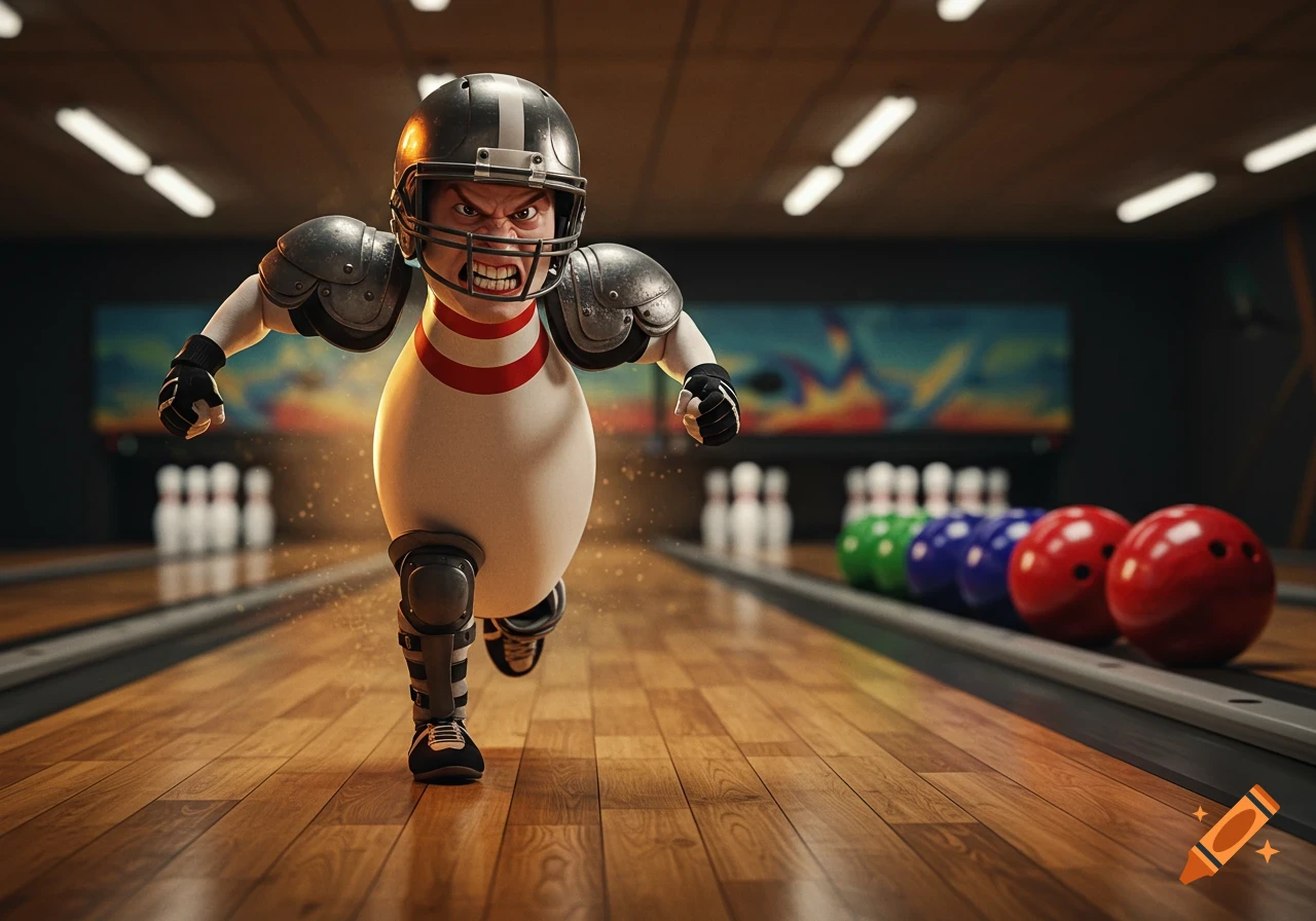 An angry, anthropomorphic bowling pin wearing a football helmet and pads runs down a bowling lane towards colorful bowling balls.