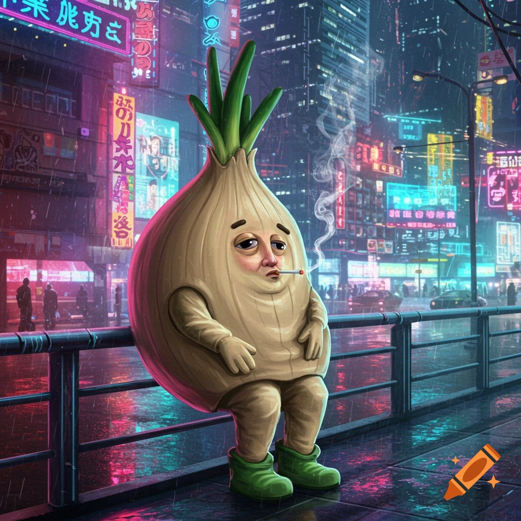A tired man in an onion mascot suit smoking a cigarette, leaning on a railing in a rainy cyberpunk city.