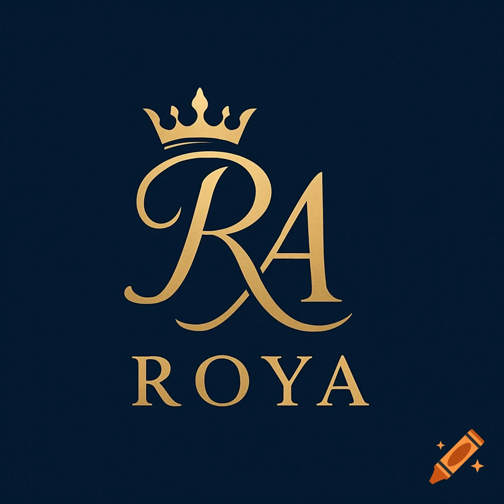 Golden logo with a crown above intertwined 'R' and 'A' letters, and the word 'ROYA' below, all on a dark blue background.