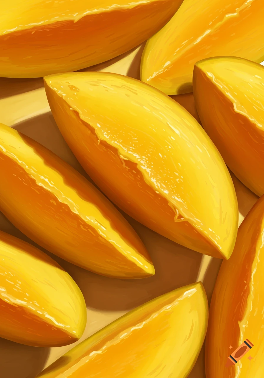 Close-up of numerous bright yellow and orange sliced mangoes, in a clean, illustrative style.