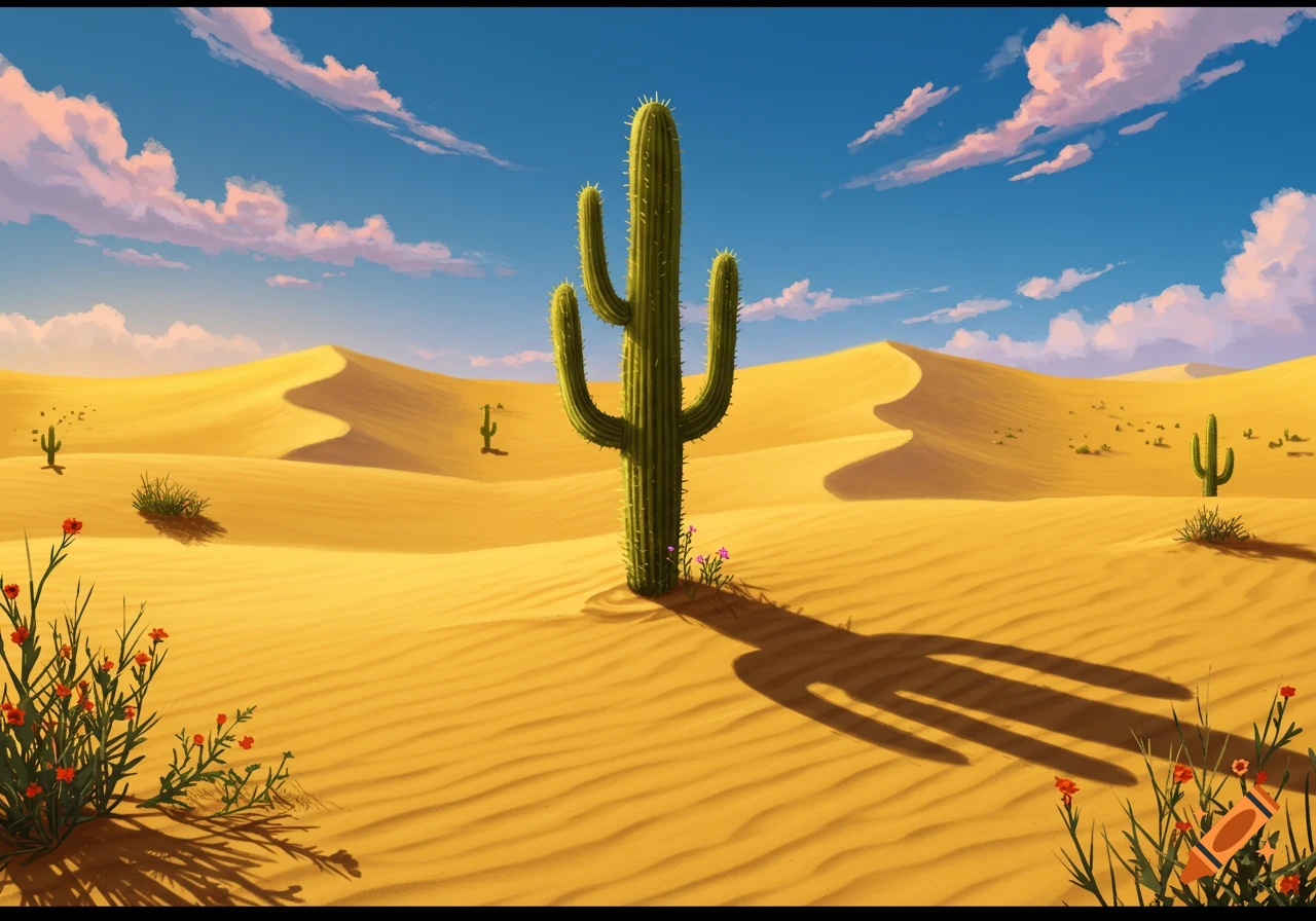 A vibrant, stylized desert scene with a large saguaro cactus in the foreground, sand dunes, and a blue sky with pink clouds.