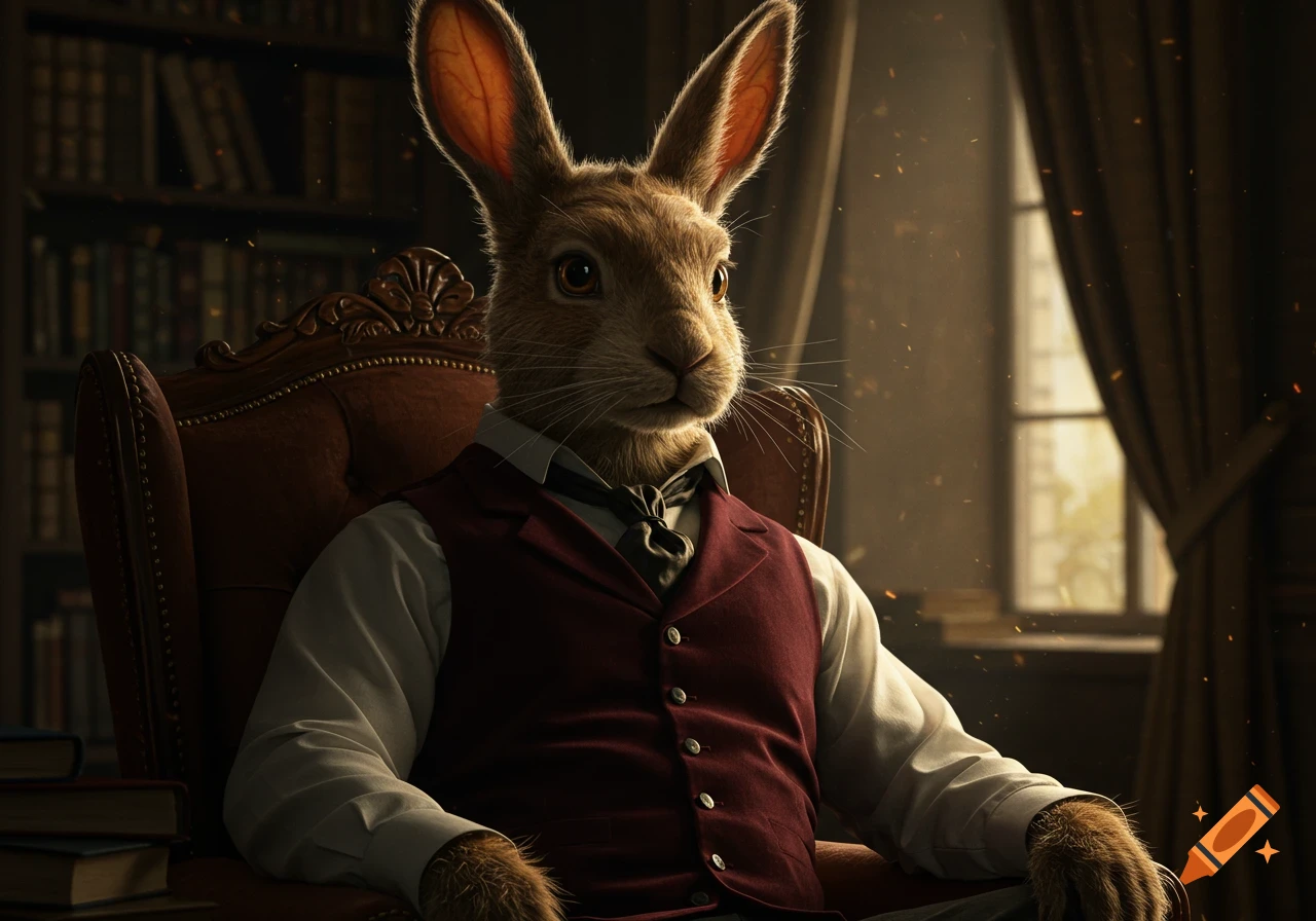 Hyperrealistic anthropomorphic brown rabbit in a white shirt and maroon waistcoat sits in a leather armchair in an elegant study.