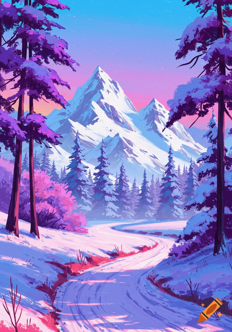 Stylized painting of a vibrant, colorful winter mountain landscape with purple trees and a winding snowy path.