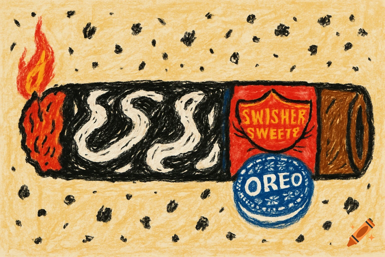 Crayon drawing of a lit cigarillo with a black and white swirl wrapper, a red Swisher Sweets label, and an Oreo cookie.