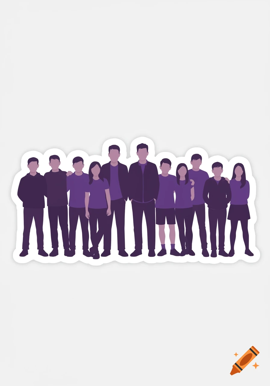 A group of eleven people in minimalist purple and dark purple silhouette forms, arranged like a car sticker.