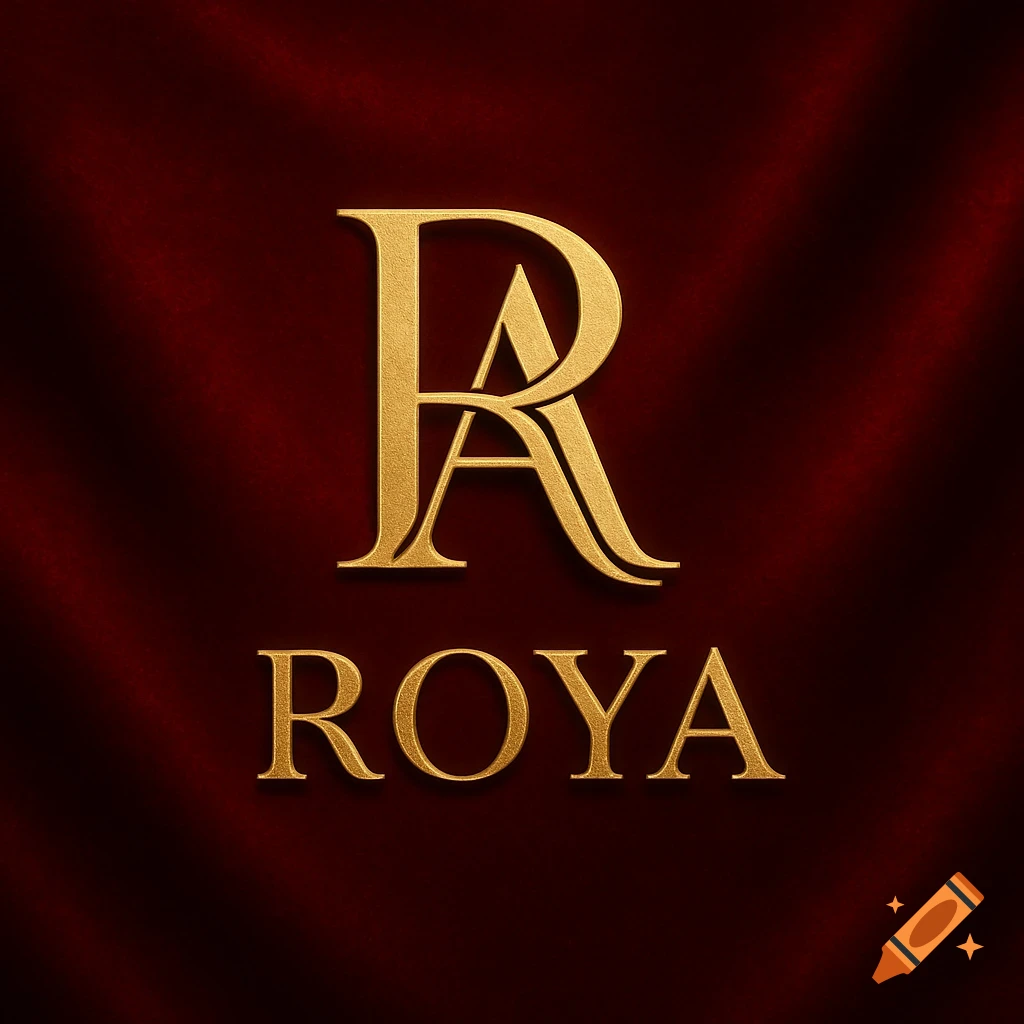 A golden monogram with a combined 'R' and 'A' above the word 'ROYA', set against a dark red velvet background.